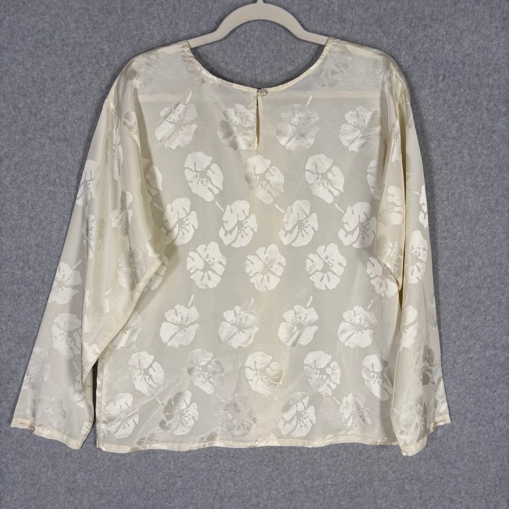 Vintage 90s Satin Floral Blouse Size 12 Cream Jacquard Pintuck Feminine Neutral - Picture 8 of 9